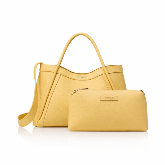 Yellow Kelly M 2pc Lychee Top Handle Bag Set with matching pouch, structured medium-plus size, PU leather-look finish, magnetic closure, removable strap