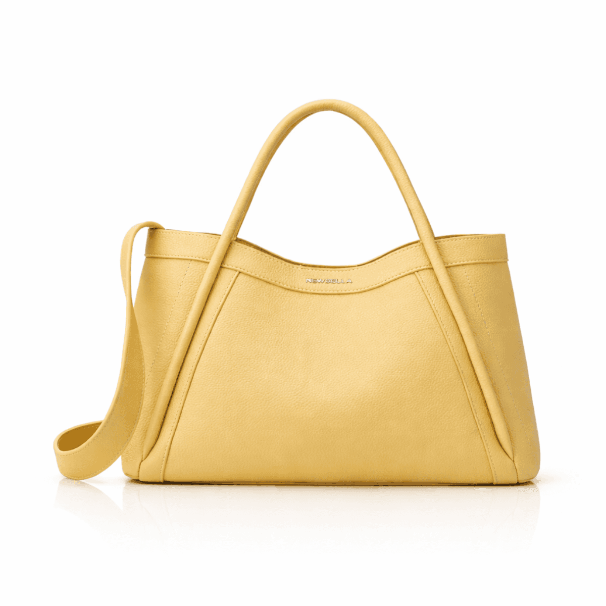 Side view of yellow handbag with adjustable strap, textured leather finish, structured design, Newbella branding
