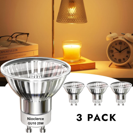 Nioclerce GU10 25W light bulb with a 3-pack offer, shown with a warm glow in a cozy setting.