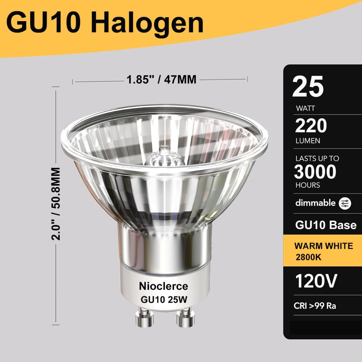 GU10 halogen light bulb with specifications on a gray background