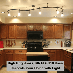 Kitchen with wooden cabinets and a track light fixture, featuring text about high brightness lighting.