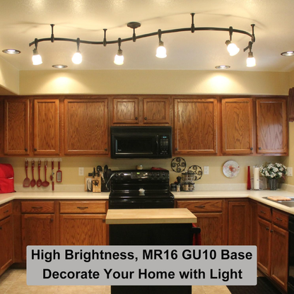 Kitchen with wooden cabinets and a track light fixture, featuring text about high brightness lighting.