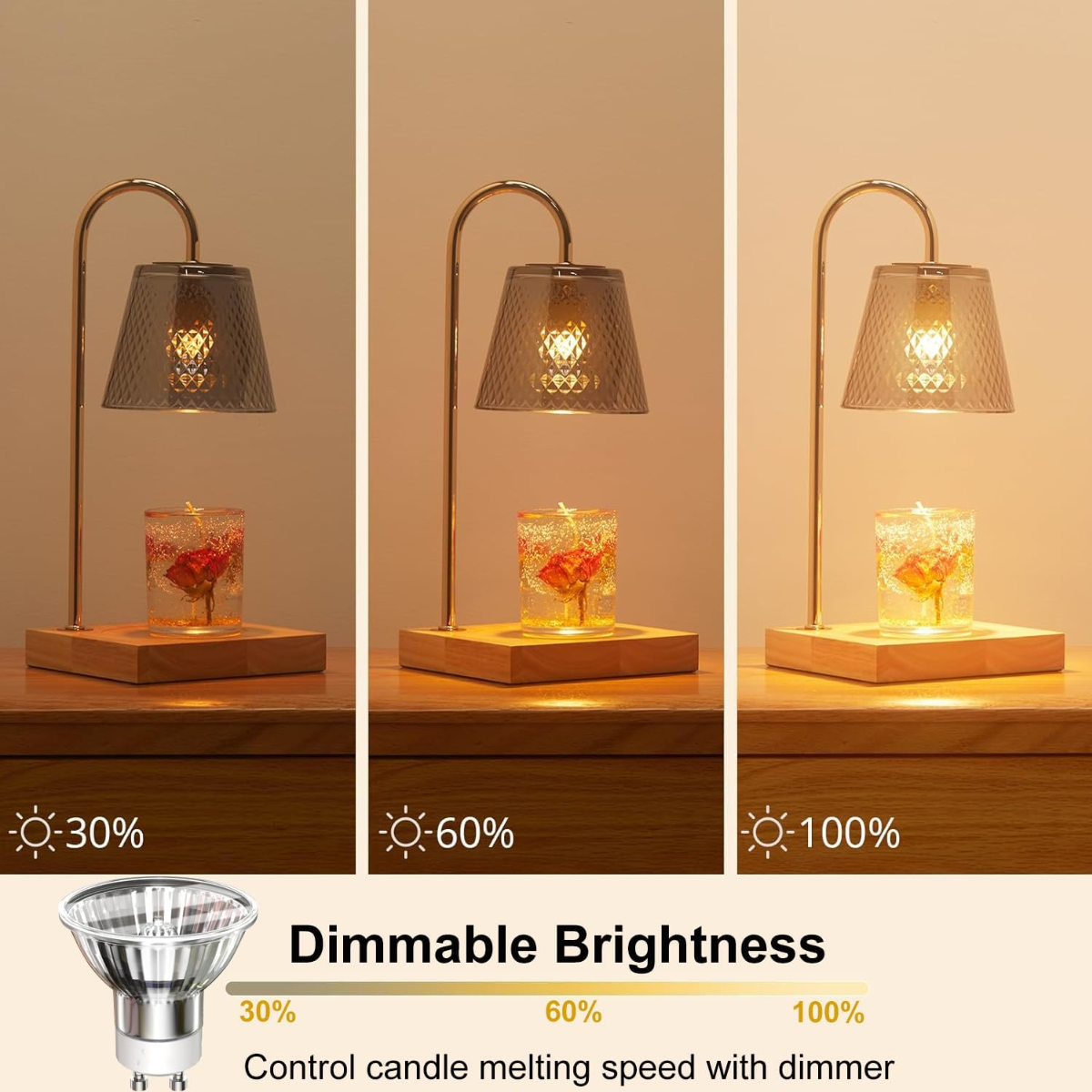 Table lamp with dimmable brightness control on a wooden surface.
