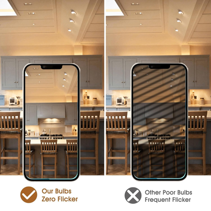 Comparison of a kitchen with good and bad bulb lighting on a smartphone screen.