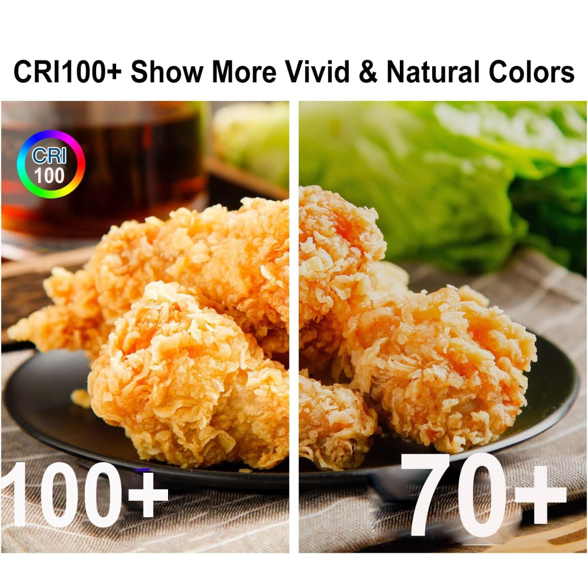 Comparison of food presentation with CRI 100+ and 70+ labels on a plate.