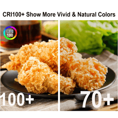 Comparison of food presentation with CRI 100+ and 70+ labels on a plate.