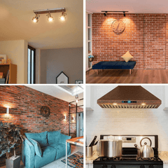 Collage of interior design elements including ceiling lights, brick wall, sofa, and kitchen stove.