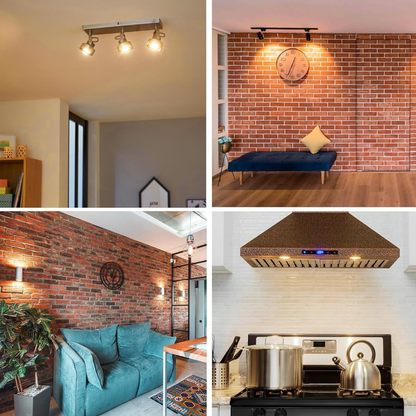 Collage of interior design elements including ceiling lights, brick wall, sofa, and kitchen stove.