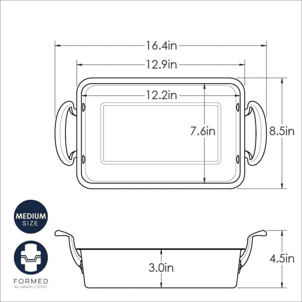 Measurement chart of a Nordic Ware rectangular tray with dimensions labeled