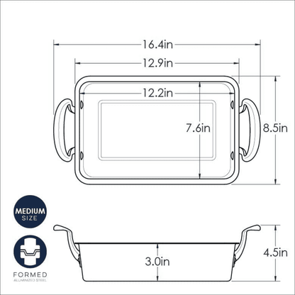Measurement chart of a Nordic Ware rectangular tray with dimensions labeled