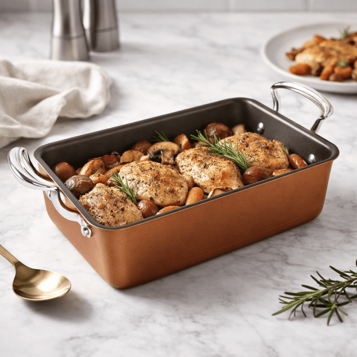 Rectangular Nordic Ware baking dish with roasted chicken and vegetables on a marble countertop.