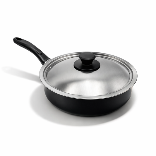 Nordic Ware 10 Inch Nonstick Skillet with Lid featuring a sleek black design and stainless steel cover, ideal for even heating and easy cleanup.