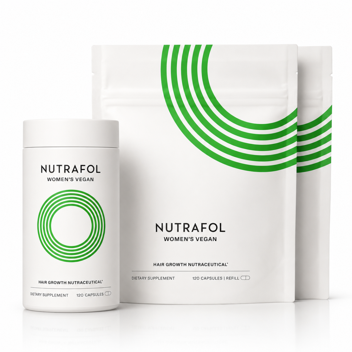 Nutrafol women's vegan hair growth supplement with container and packaging on a white background