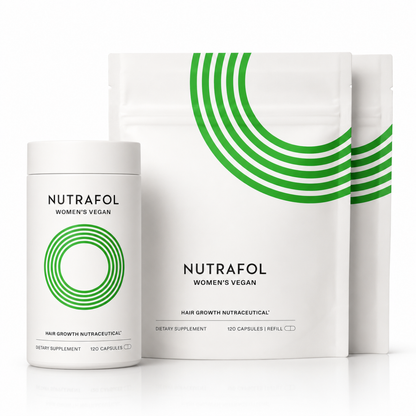 Nutrafol women's vegan hair growth supplement with container and packaging on a white background