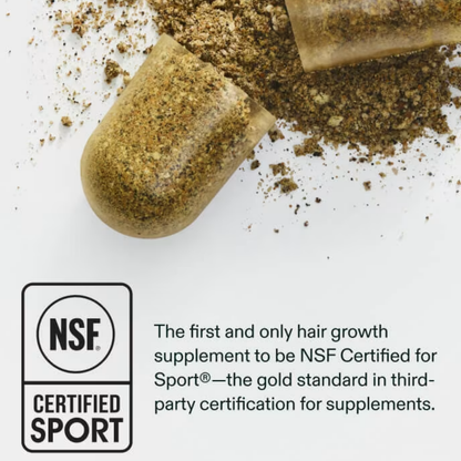 Hair growth supplement capsules with NSF Certified for Sport label on a white background