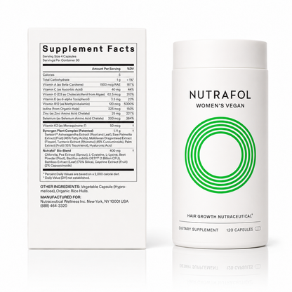 Nutrafol women's vegan supplement container with label and supplement facts on a white background