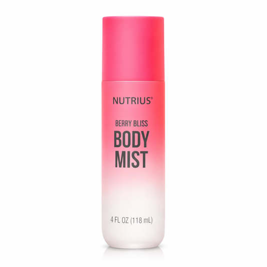 Nutrius Berry Bliss Body Mist Spray 4 oz in sleek pink gradient bottle, ideal for daily use. Cruelty-free formula in personal care category.