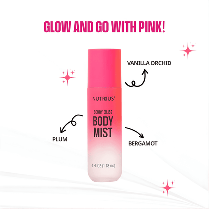 Pink bottle of Nutrius Berry Bliss Body Mist with floral background
