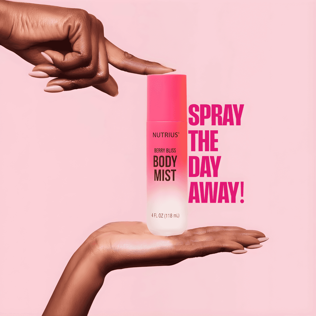 Hands holding Nutrius Berry Bliss Body Mist with pink and white background