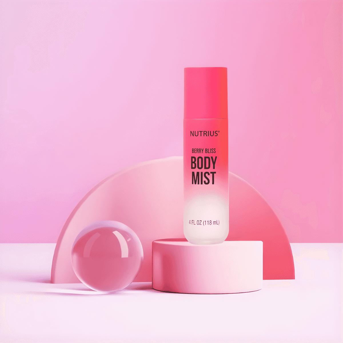 Nutrius Berry Bliss Body Mist with pink background and product info