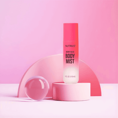 Nutrius Berry Bliss Body Mist with pink background and product info