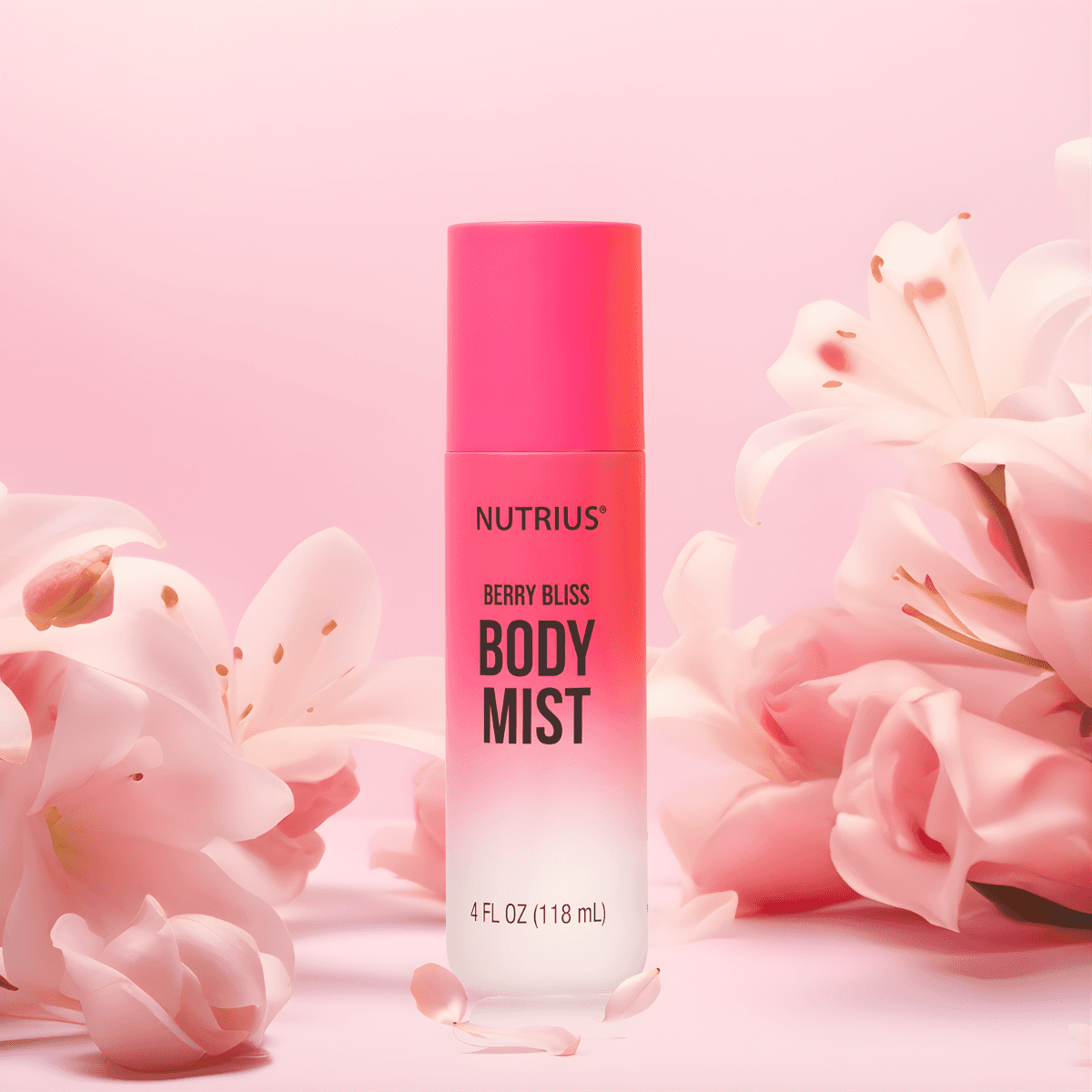 Nutrius Berry Bliss Body Mist with pink background and flowers