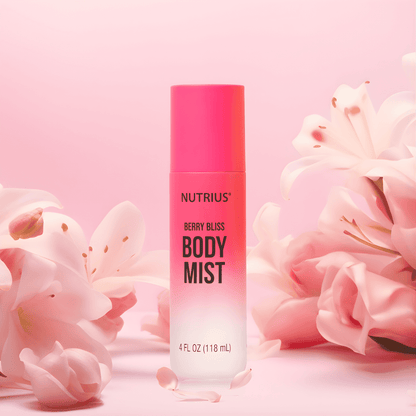 Nutrius Berry Bliss Body Mist with pink background and flowers