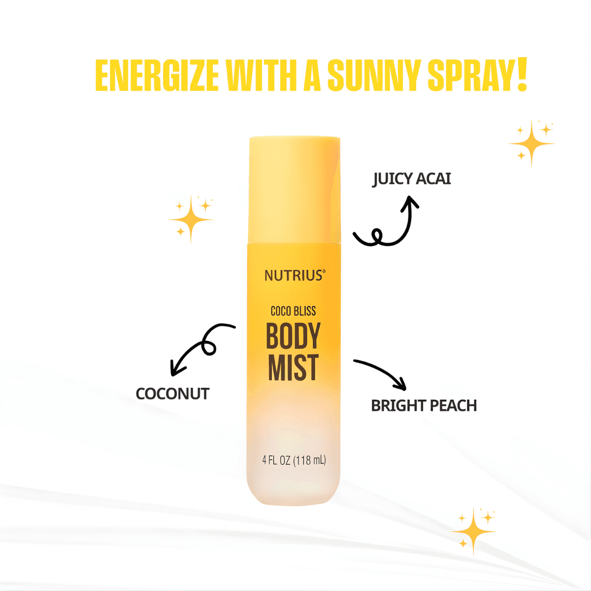 Nutrius Coconut Body Mist Spray 4 oz on sandy beach with text