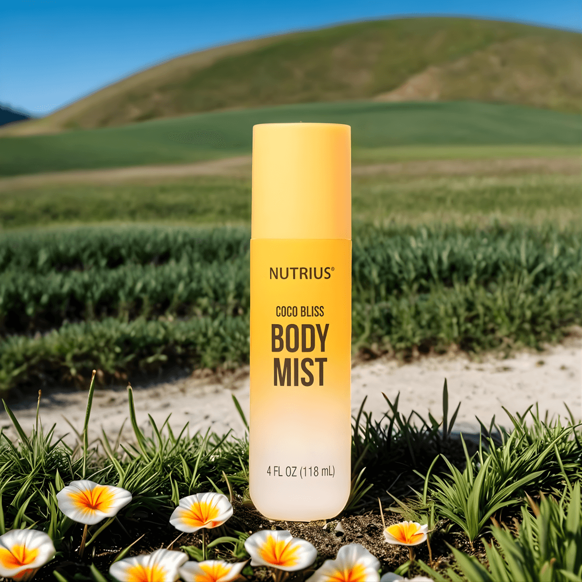 Nutrius Coco Bliss Body Mist spray outdoors with green grass and flowers