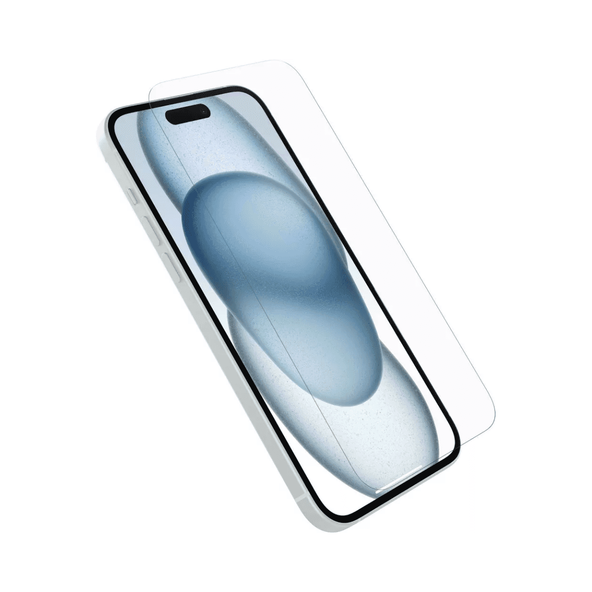 OtterBox iPhone 15 Plus Premium Glass Antimicrobial Screen Protector shown aligned above the phone for easy installation. Scratch and shatter resistant.