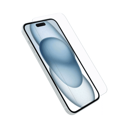 OtterBox iPhone 15 Plus Premium Glass Antimicrobial Screen Protector shown aligned above the phone for easy installation. Scratch and shatter resistant.