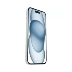 Side view of OtterBox Premium Glass Antimicrobial Screen Protector on iPhone 15 Plus, offering edge-to-edge protection with a sleek, clear finish.