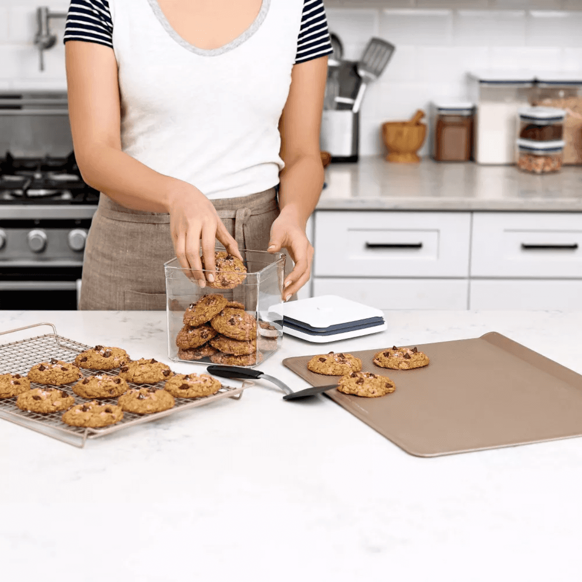 Cookies stored in a clear airtight container with a lid