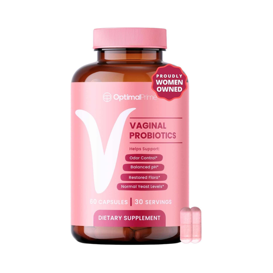 Vaginal probiotics supplement bottle with pink label on a white background