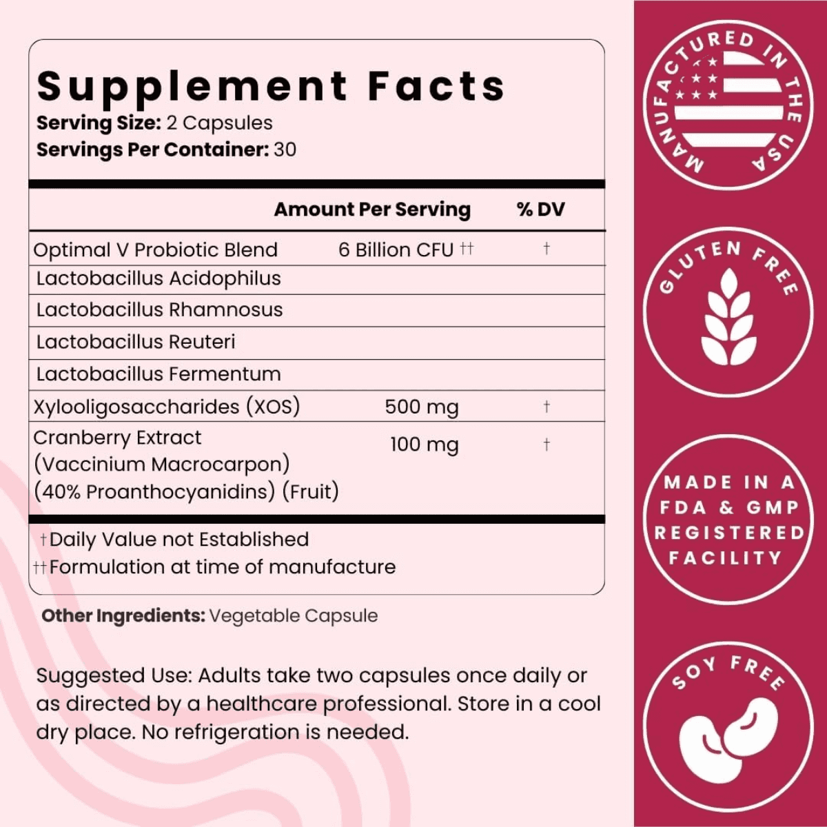 Supplement label with ingredients and manufacturing details on a pink background