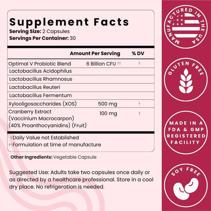 Supplement label with ingredients and manufacturing details on a pink background