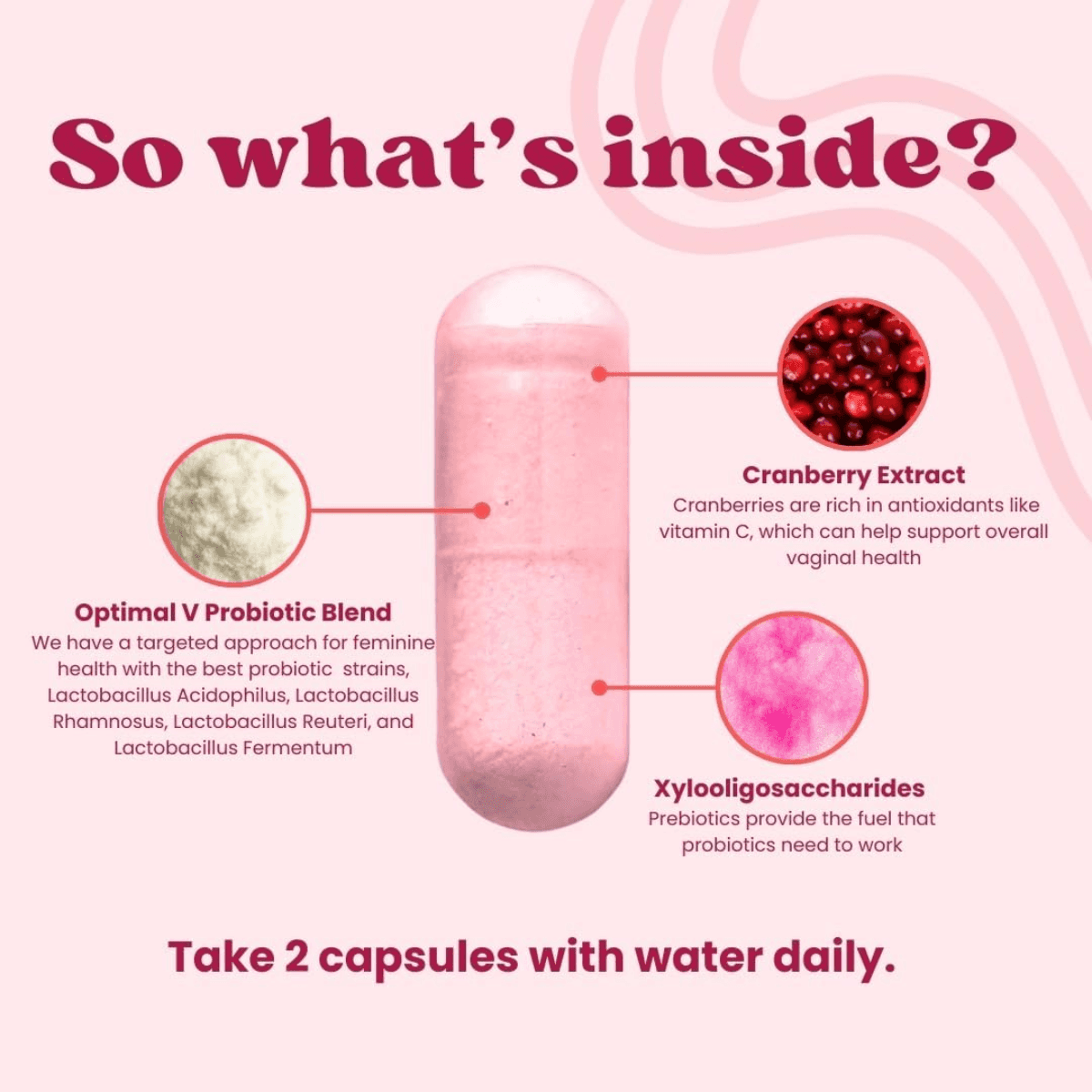 Pink capsule with text explaining its contents on a pink background