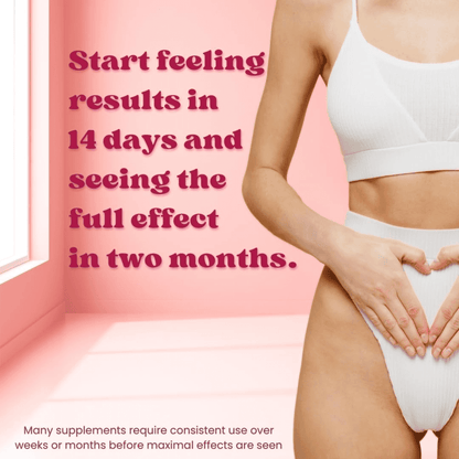 Person in white underwear with text about supplement results on a pink background