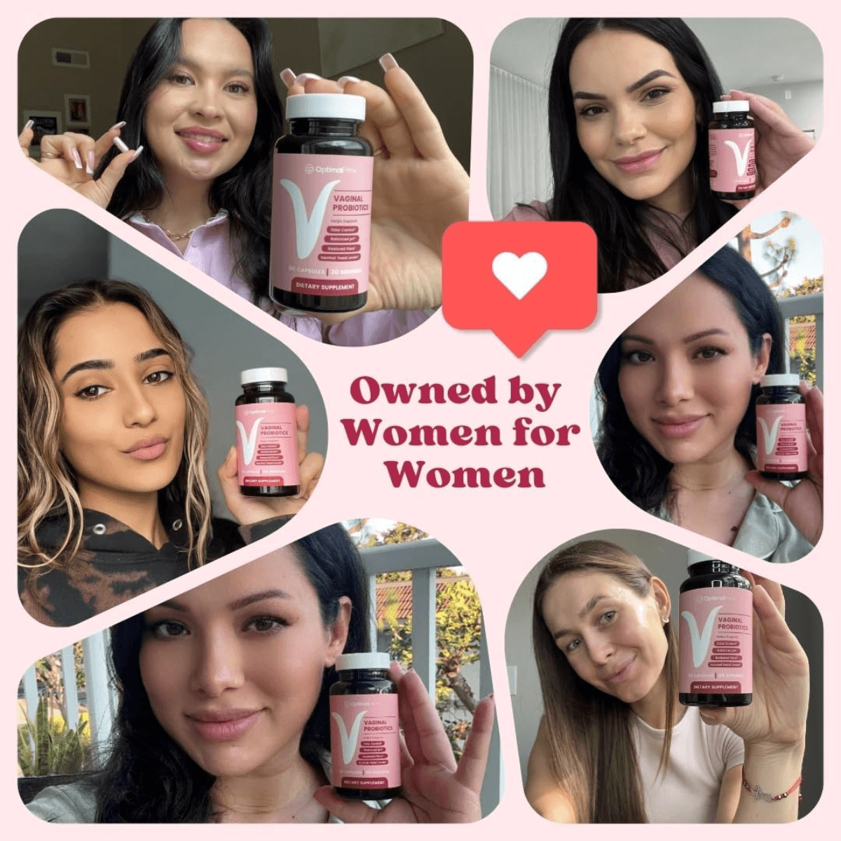 Collage of women holding a supplement bottle with 'Owned by Women for Women' text.