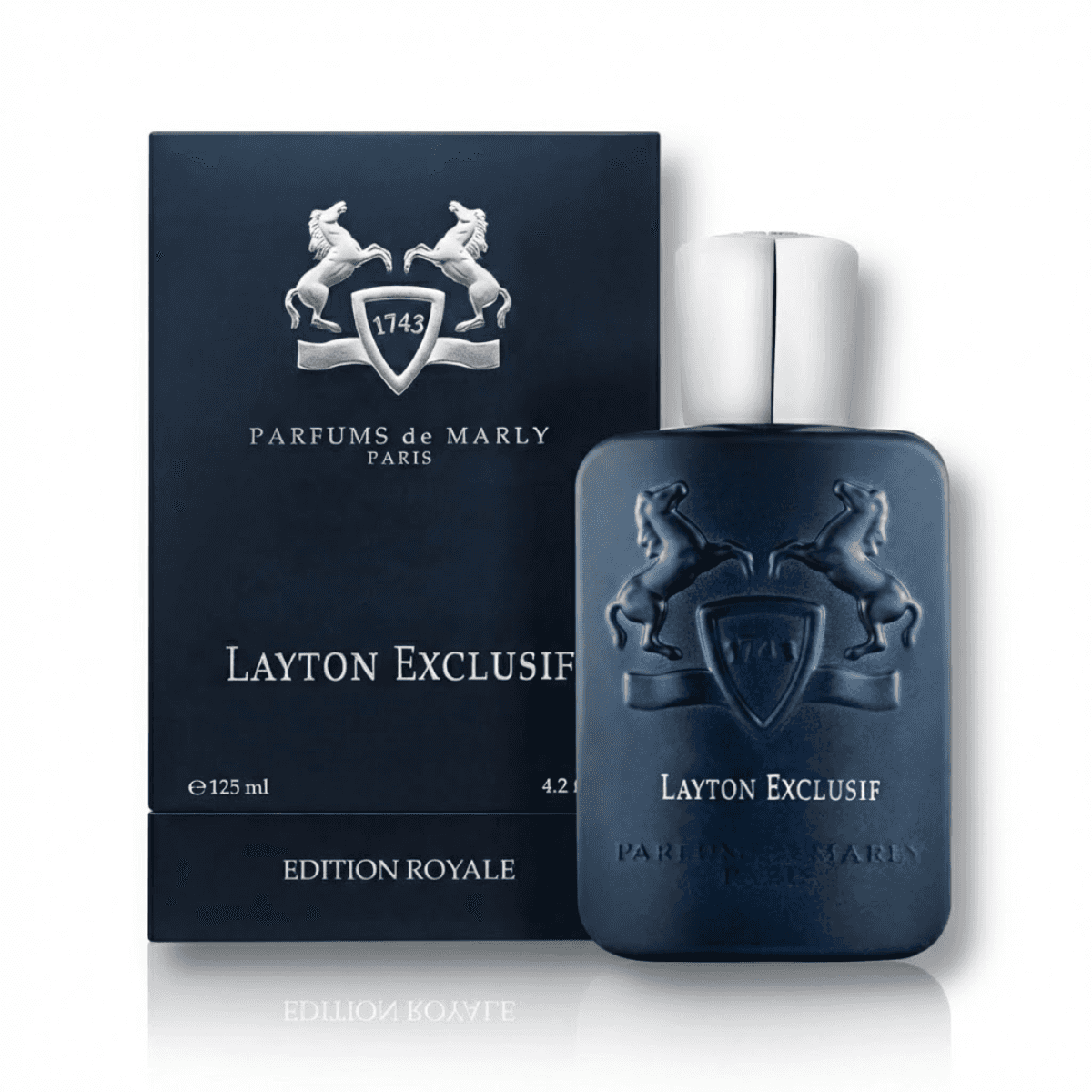 Layton Exclusif Parfum 4.2 oz bottle with navy blue packaging and embossed logo