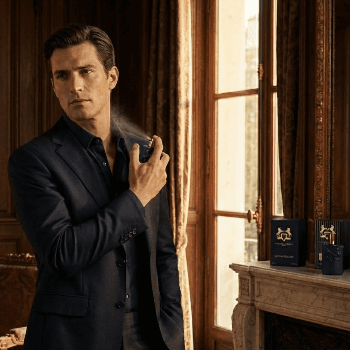 Layton Exclusif perfume box and bottle with fragrance notes graphic