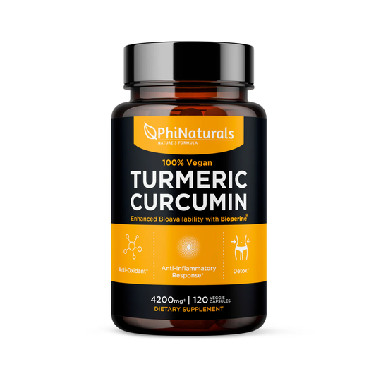 PhiNaturals Turmeric Curcumin with BioPerine® dietary supplement bottle with 120 vegan capsules, supports joint and antioxidant health.