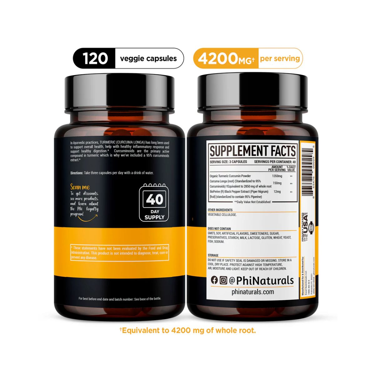 Back and side view of PhiNaturals Turmeric Curcumin with BioPerine® showing supplement facts and dosage, 4200mg per serving, 40-day supply.