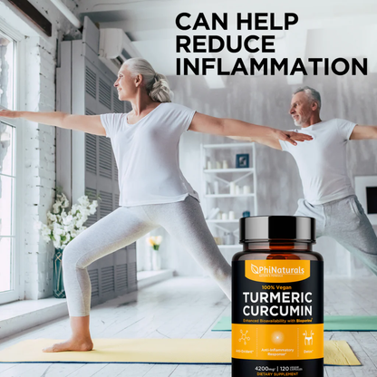 Active seniors doing yoga with PhiNaturals Turmeric Curcumin with BioPerine® bottle, promoting inflammation reduction and joint support.