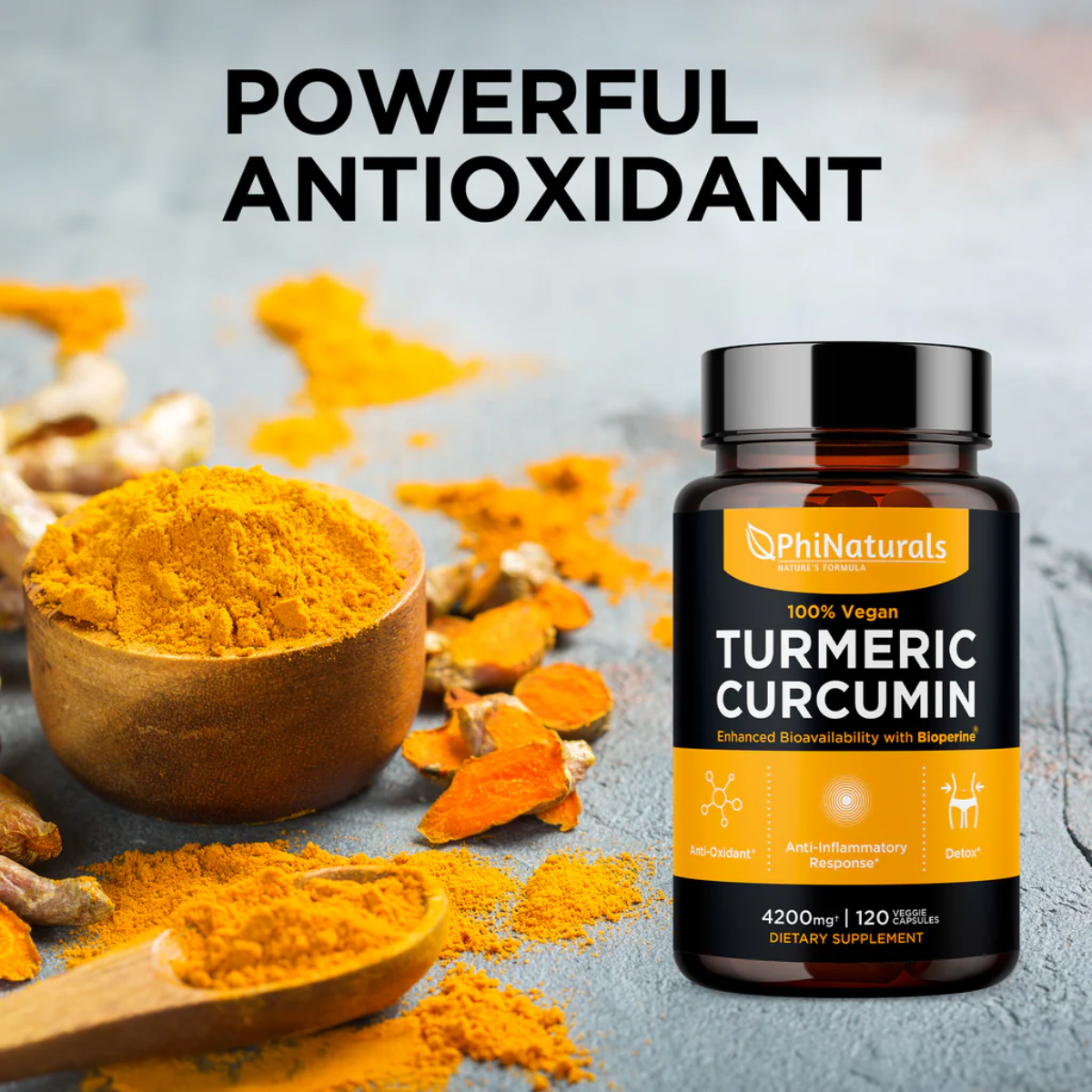 Turmeric powder and root beside PhiNaturals Turmeric Curcumin with BioPerine® bottle, highlighting its powerful antioxidant benefits.