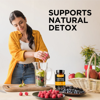 Woman preparing a smoothie with fruits and PhiNaturals Turmeric Curcumin with BioPerine® bottle, emphasizing natural detox support.