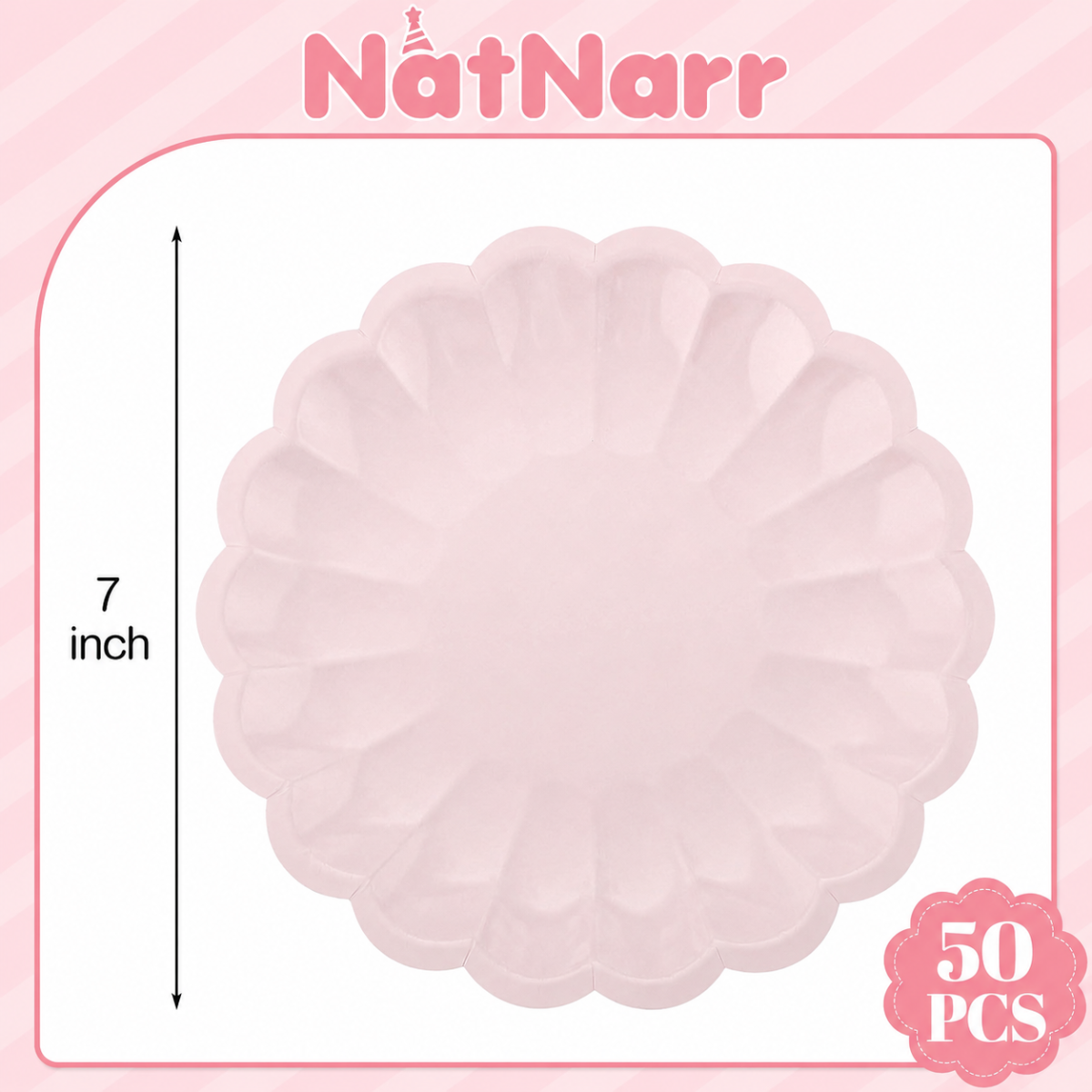 NatNarr Pink Scalloped Paper Plates, 7 in, 50 Count