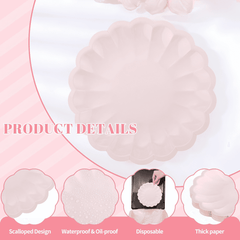 Pink scalloped paper plates with product details