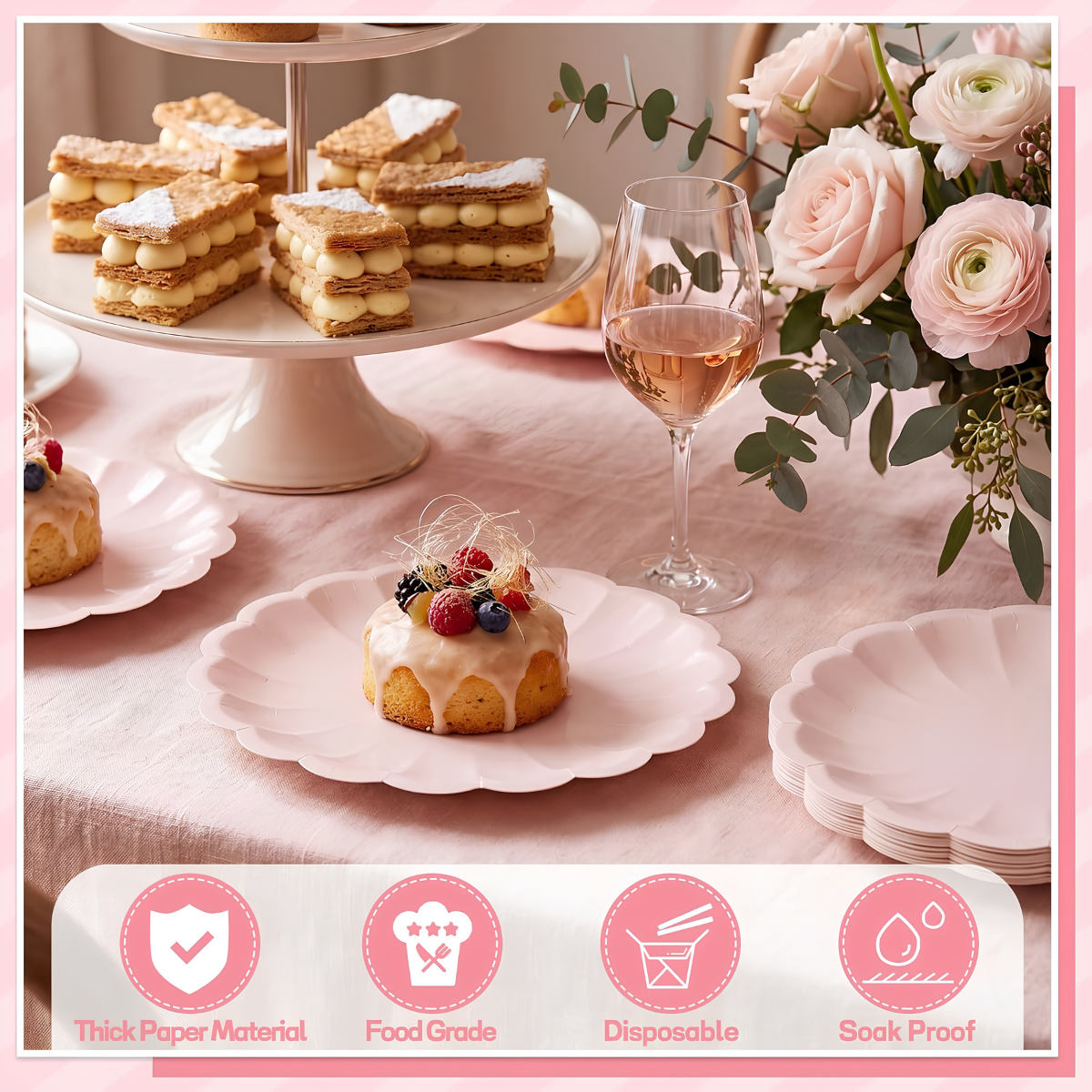 NatNarr Pink Scalloped Paper Plates, 7 in, 50 Count
