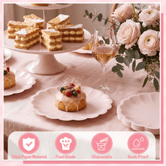 Party table with pink paper plates, desserts, and decorations